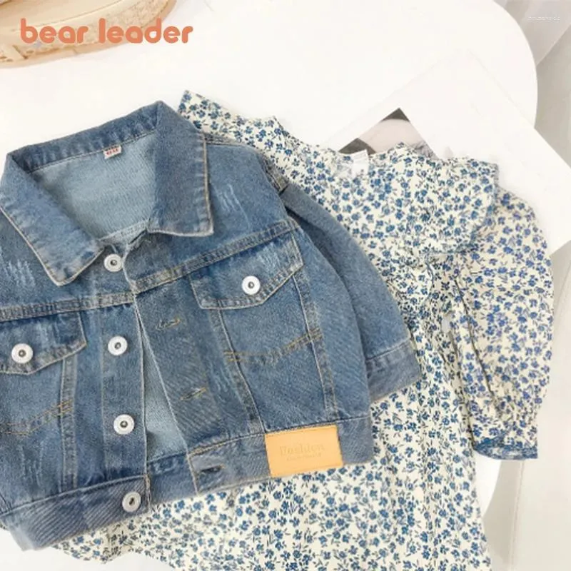 Clothing Sets Bear Leader Girls' Set 2024 Autumn Denim Jacket Ruffled Floral Print Dress 2-piece Children's Fashion Kids'