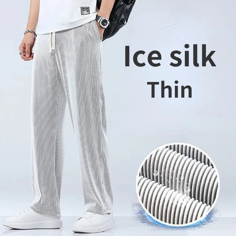 Pantaloni dritti estivi da uomo larghi sezione sottile drappeggio di seta di ghiaccio gamba larga sportiva casual adatto a 100 kg 240129