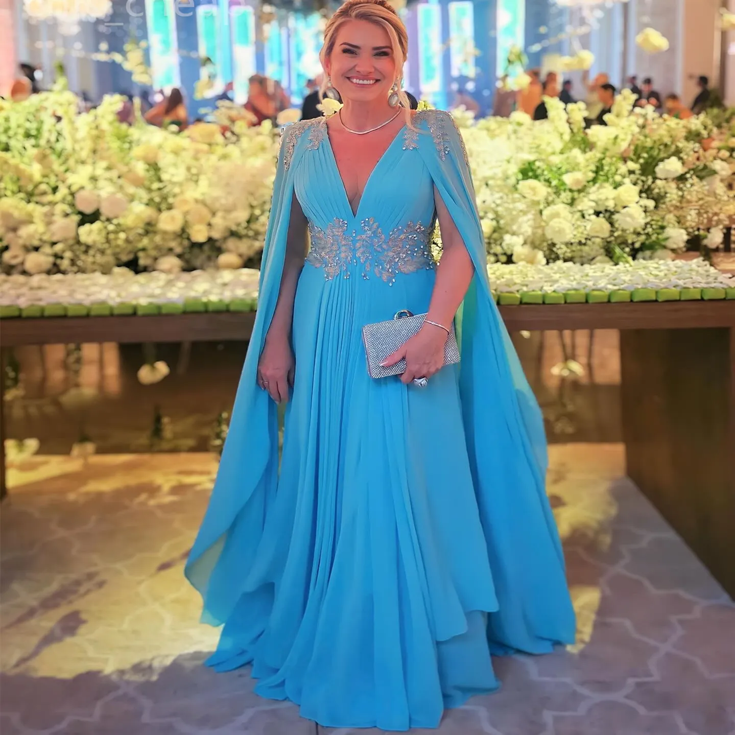 2024 Aso Ebi Árabe Azul A Linha Mãe Da Noiva Vestidos Lace Chiffon Noite Prom Festa Formal Aniversário Celebridade Mãe Do Noivo Vestidos Vestido ZJ055