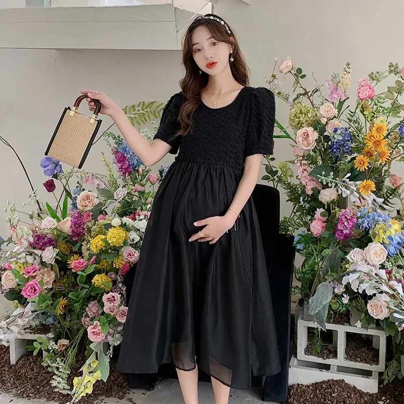 Платья Лето во французском стиле Жаккардовое платье для беременных женщин с коротким рукавом Платье для беременных Элегантные шифоновые платья для беременных