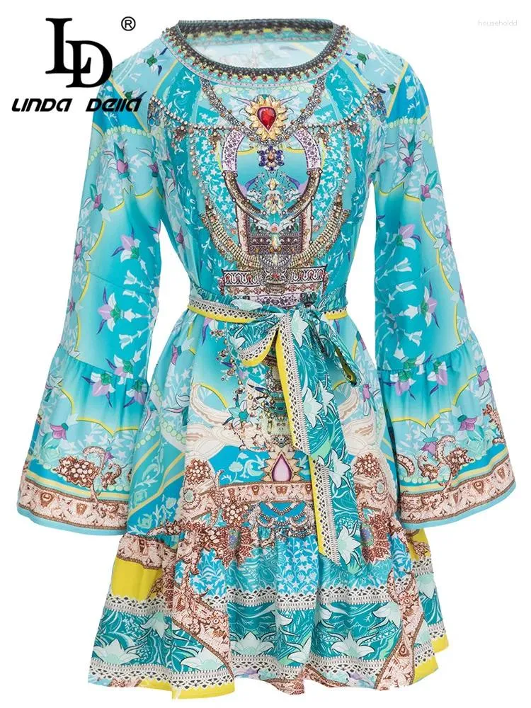 Casual Dresses Ld Linda Della Fashion Designer Autumn Short Dress Women Flare Sleeve Crystal Bead Blue Flower Print Belted Vintage Mini