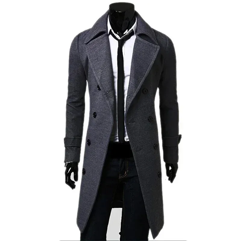 MENS DUBBEL BRASTED Trench Coat Wool Blend Autumn Winter Solid Casual Slim Fit Long Jacket Wool Coat Mod Mänkläder 240118