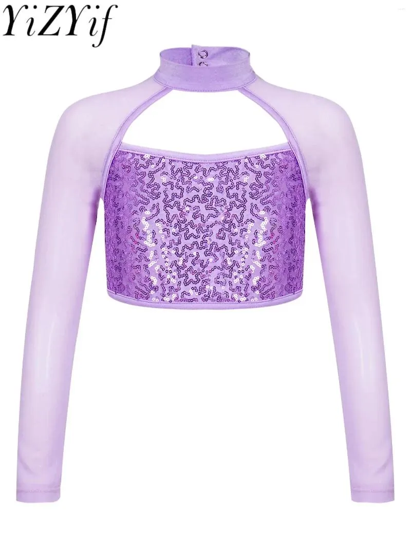 Stage Wear Girls Jazz Dance Tops Shiny Sequins Long Sleeve Round Collar Crop For Kids Hip Hop Ballet Dancewear Performance