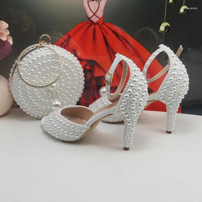 Sandals Fashion White Pearl Open Toe Bridal Shoes Fish Summer Woman Ankle Strap Buckle Wedding Party Bag Thin Heel