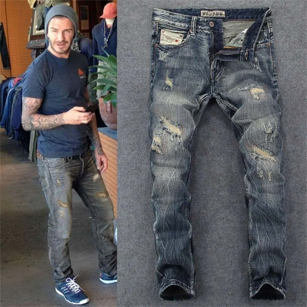 Europäische und amerikanische Retro-Jeans für Herren, Nähte, Bettler, alter Patch, lose, gerade, lange Hosen, Persönlichkeit, Modemarke, Lokomotive