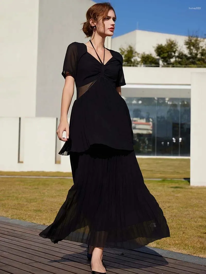 Casual Kleider Kurzarm Schwarz Plissee Maxi Kleid Polyester Elegante Rüschen Abend Frauen Bandage Sexy Lange Sommer Strand