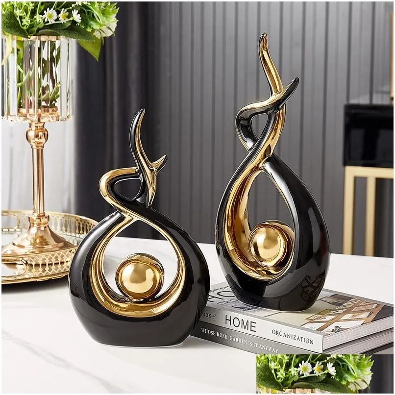 Decorative Objects & Figurines Abstract Ceramic Scpture Golden Statue Modern Home Decoration Living Room Desktop Office Accessories Cr Dhj8E