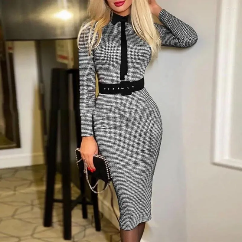 Sukienki na co dzień Midi Dress Print Office Bodycon Slim Fit with Lapel High Tase Long Rękaw