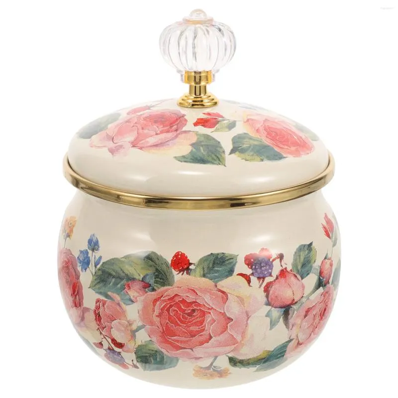 Dinnerware Sets Enamel Canister Decorative Flower Pattern Storage Jar Candy Cookie With Lid Syrup Container