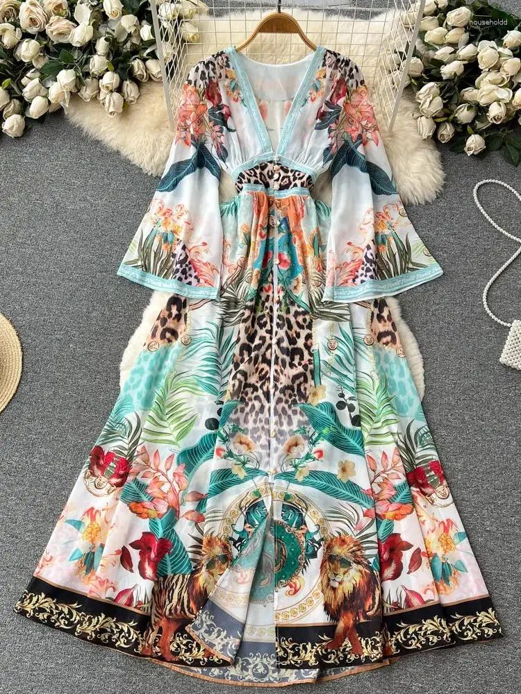 Casual Dresses Summer Bohemian Flower Leopard Print Chiffon Dress Women's Sexy Deep V Neck Long Flare Sleeve Elastic Midje Beach Vestidos