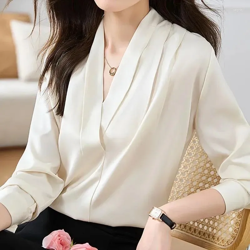 Women's Blouses Fashion Chiffon V Neck Women Blouse Office Lady Apricot Long Sleeve Shirts Elegant Female Clothing Woman Tops 29464