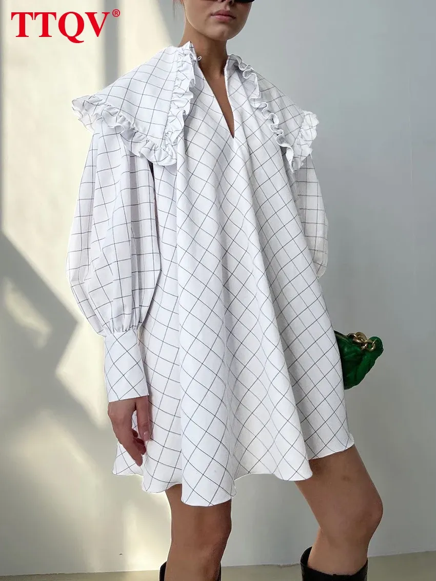 Klänningar TTQV Fashion Doll Collar White Plaid Mini Dress Casual Long Sleeve Office Lady Dress Elegant Loose Ruffle Dresses for Women 2022