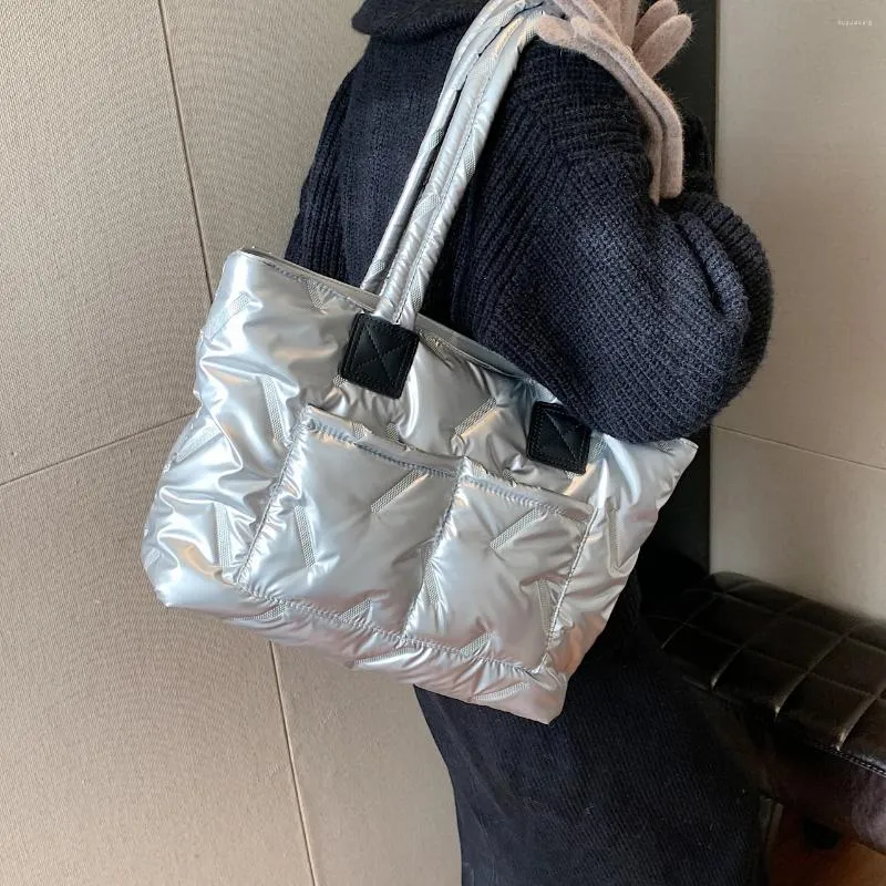 Evening Bags Champagne Silver Women Fashion Quilted Shopper Bag 2024 Winter Padded Handbag Shoulder Big Capacity Top Handle Tote