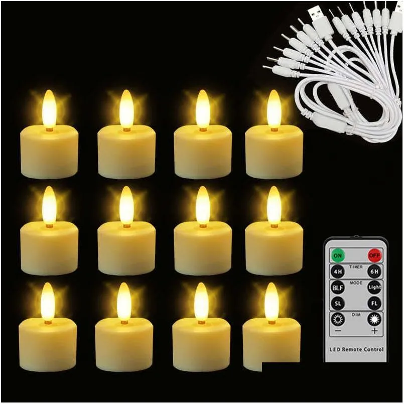 Kaarsen Nieuwe 12 oplaadbare theelichtjes met afstandsbediening Timer 3D Vlamloze flikkering Halloween Led-kaarsen Decoratie voor Kerstmis en bruiloft Dhzyj