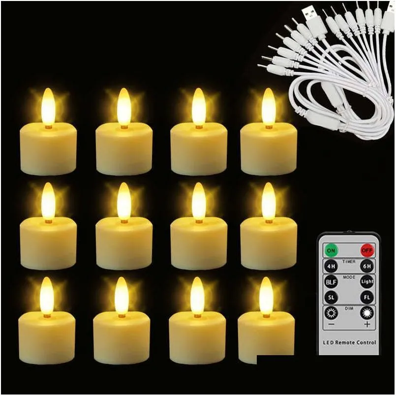 Mumlar Yeni 12 Şarj Edilebilir Çay Işığı Uzak Timer 3D Flamess Flicker Cadılar Bayramı Led Mumlar Noel ve Weddin Dhzyj