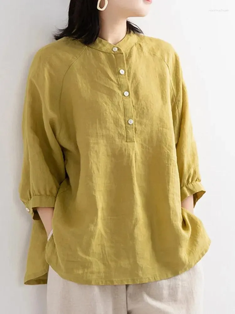 Kadınlar bluz pamuk ve keten 2024 Koreli versiyon düz renkli gömlek büyük boyutlu moda geleneksel basit gevşek rahat üst