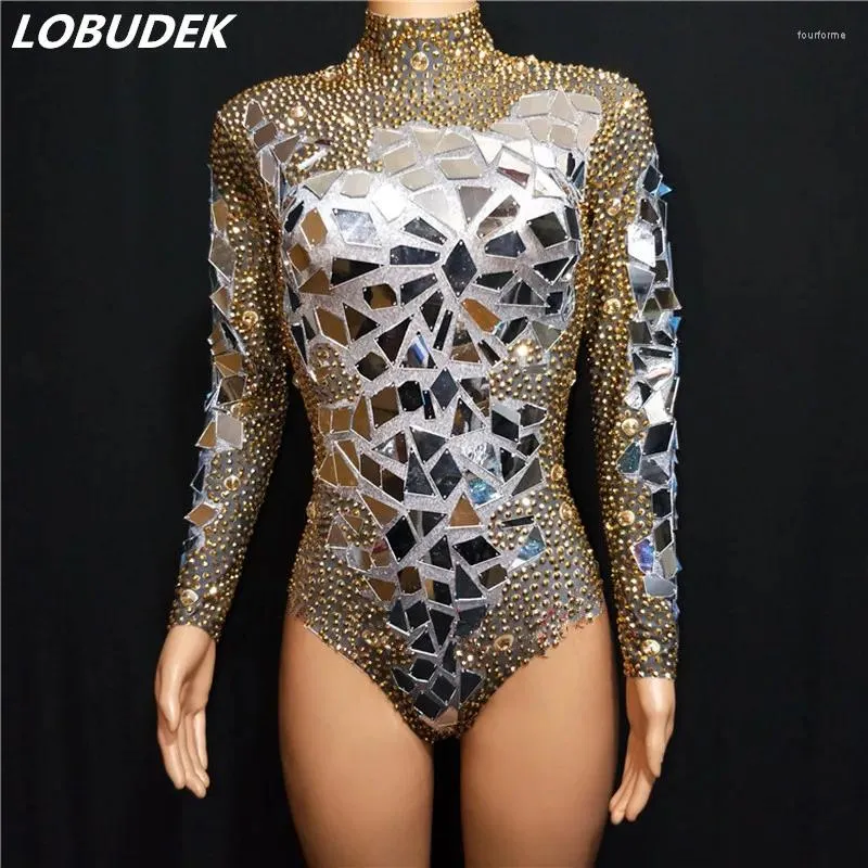 Sahne giyim ışıltılı altın rhinestones ayna bodysuit seksi gece kulübü bar dans leotard performans kadın kristal tayt kostüm