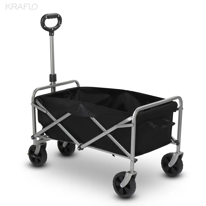 74.5x45.5x84cm 600d Tessuto Oxford Telaio in acciaio Piatto pieghevole Carrello pieghevole da campeggio Panno nero Cornice argento carretto Carro da giardino