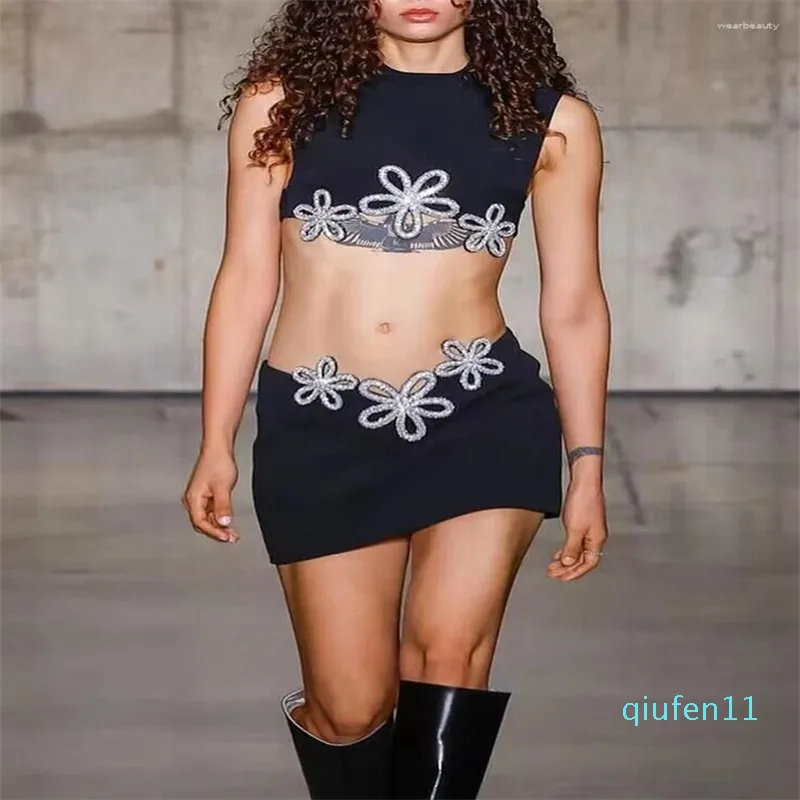 İki Parça Elbise 2024 Kadın Seksi Sırtsız Çiçek Pırlanta Premium Siyah