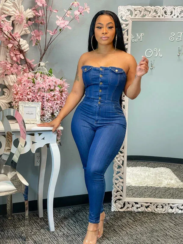 Blue Strapless Denim jean jumpsuit womens for Women - Sexy and Casual  Summer Bodycon Rompers