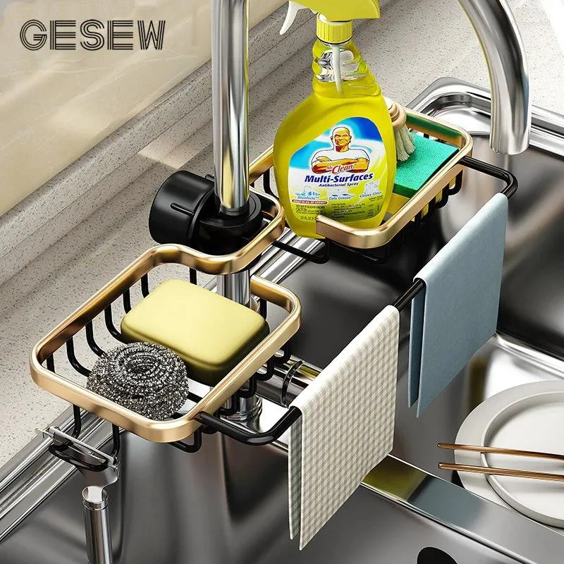 Portaoggetti da cucina GESEW supporto per rack per rubinetto regolabile in alluminio per lavandino, scarico in spugna, organizer per accessori