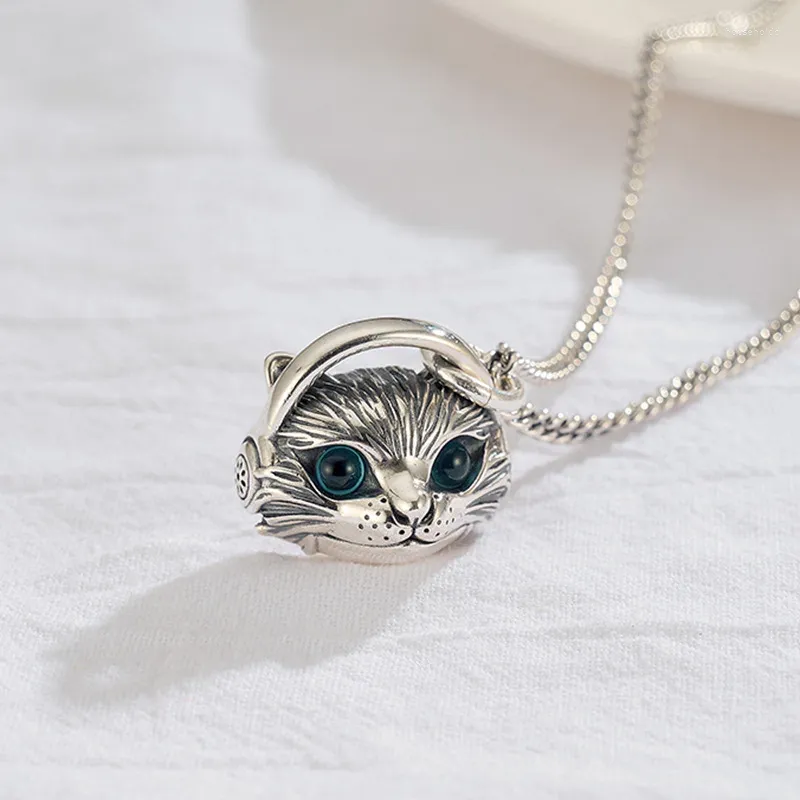 Pendant Necklaces Fashion Simple Cat Necklace With Headphones For Men And Women Vintage Thai Silver Plated Distressed Hip Hop Punk Jewelry