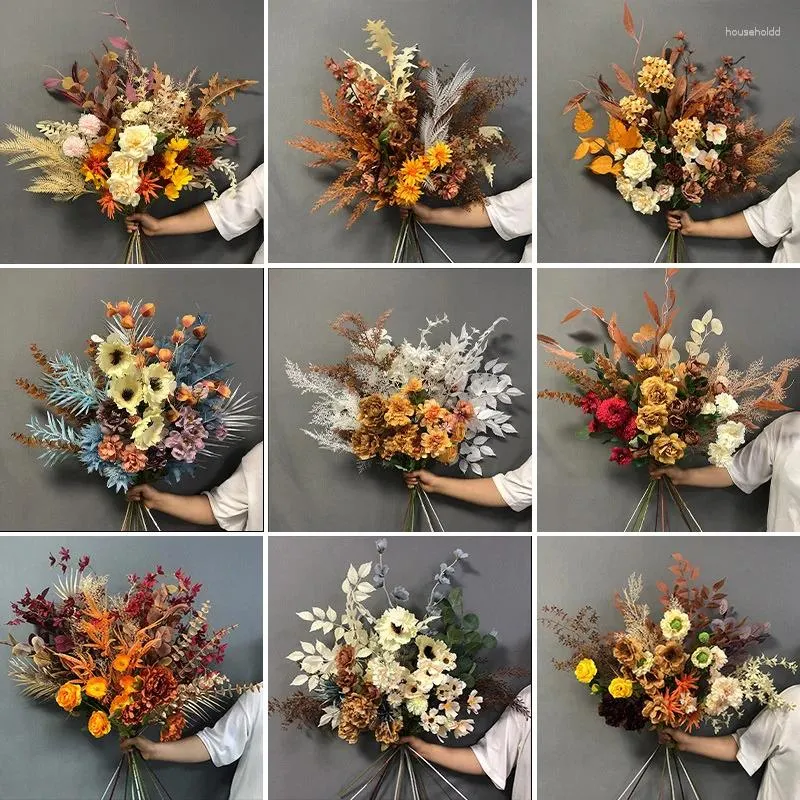 Decorative Flowers Artificial Wedding Silk Fake Autumn Bouquet Auditorium Flower Roses Home Living Room Garden Decoration Plants Supplies