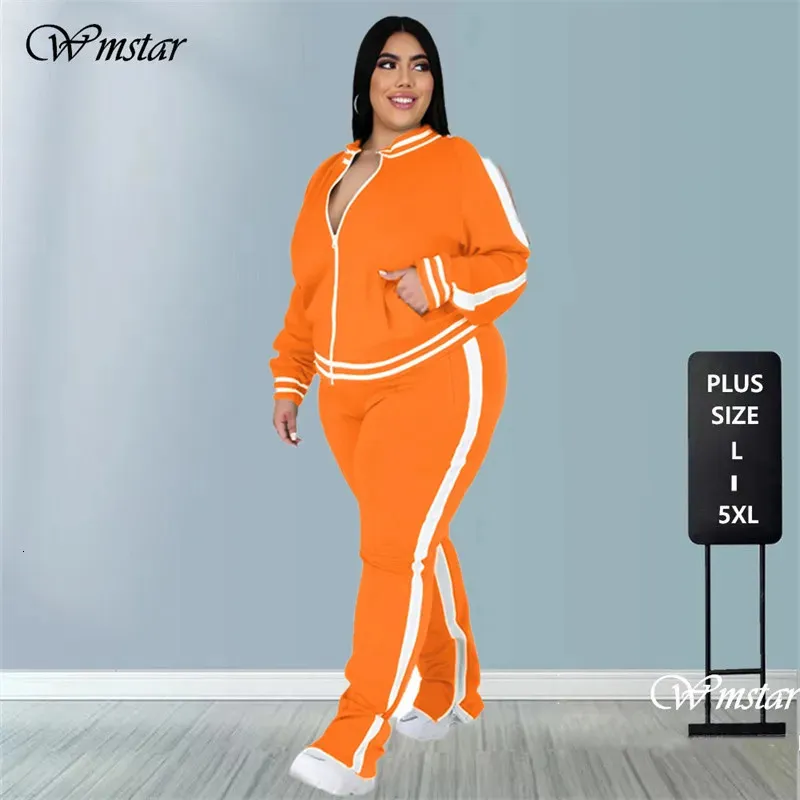 Plus Size L-5XL Tvådelat Set Women Sweatsuit Zip Rands Top Slit Sweatpants Jogger Outfit Matching Set Wholesale Drop 240125