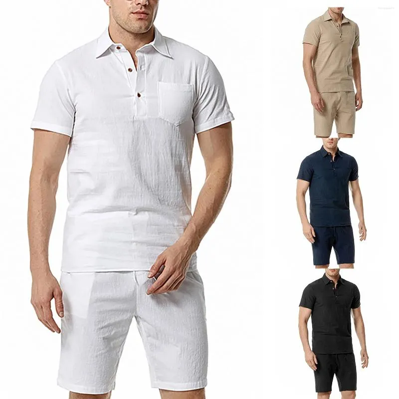 Set da corsa da uomo Casual in cotone e lino Tasca con risvolto Camicia a maniche corte attillata slim Abito alto e grande 2 anni Giacca da smoking da uomo