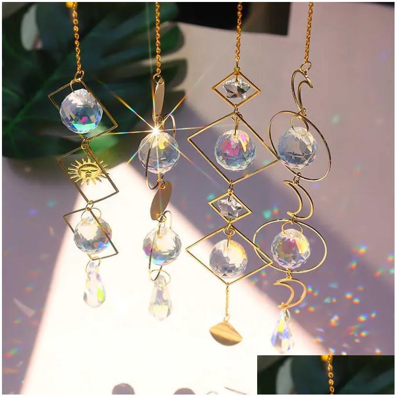 Décorations de jardin Cristal Géométrique Vent Carillon Étoile Lune Pendentif Sun Suncatcher Plaqué Colorf Perles Suspendues Goutte Pour Extérieur Intérieur G Dhh4O