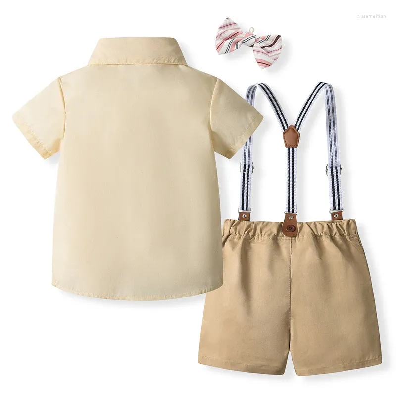 Kläder sätter baby pojke gentleman set outfits kort ärmskjorta med bowtie suspender shorts för småbarnskläder