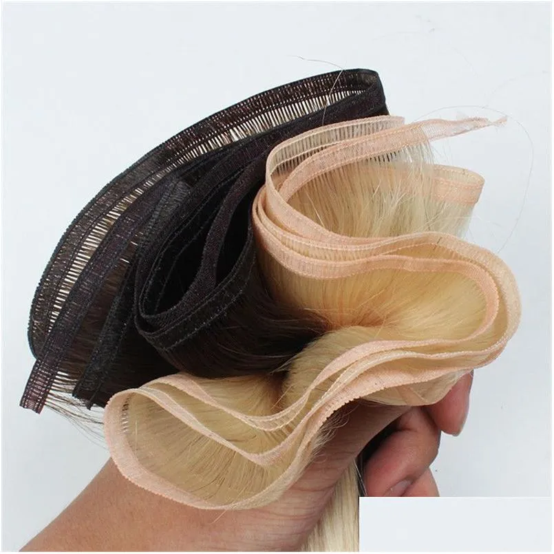 Menselijk haar weeft extensions Remy Flat Inslag Zijden lintbundels Tra Thin Zwart Bruin Blond 99J Wijnrode kleur Drop Delivery Producten Otle4