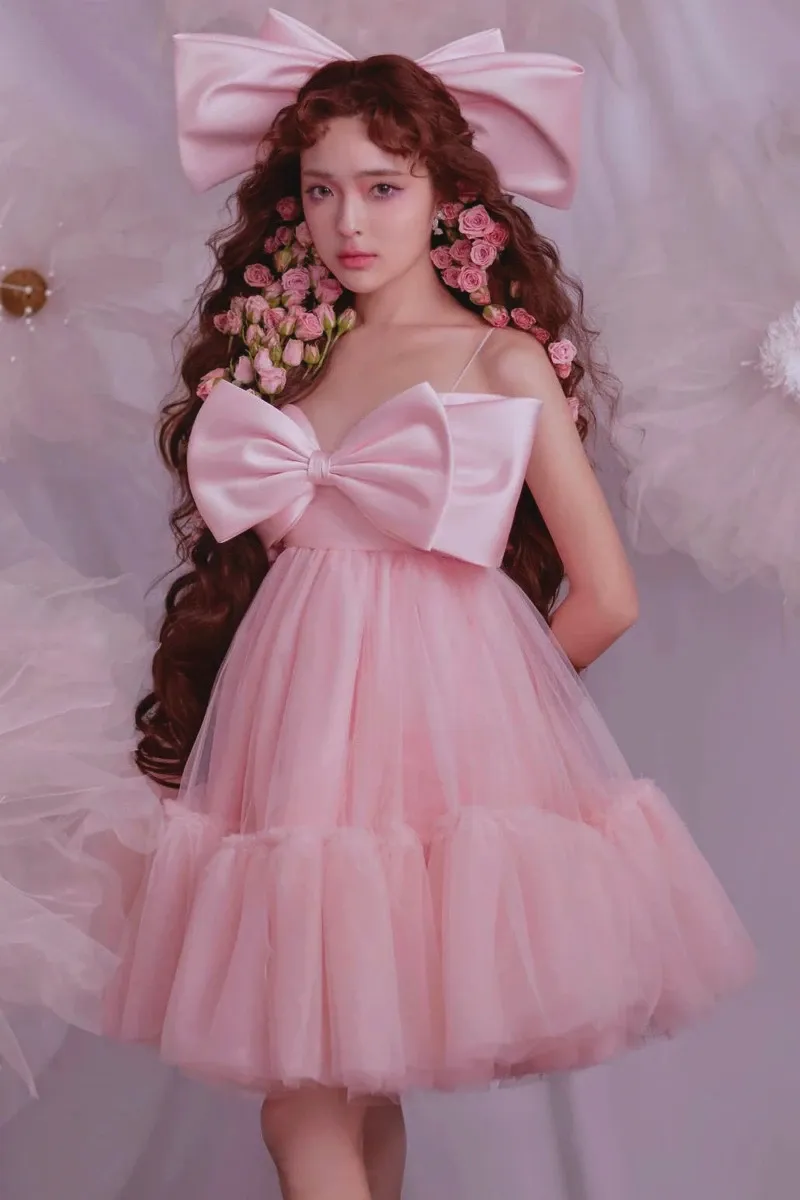 Dresses Dvotinst Women Photography Props Elegant Wedding Dress Bowknot Tutu Pink Korean Princess Dresses Studio Shooting Photo Clothes