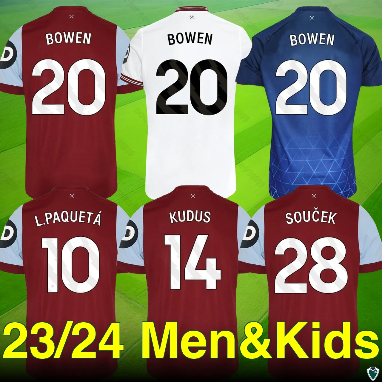 23 24 WHam U voetbalshirts - Bowen, Lucas Paqueta, Kudus, Soucek Editions. Premium voor fans - thuis, uit, derde.Verschillende maten Maatwerk Naam, nummer