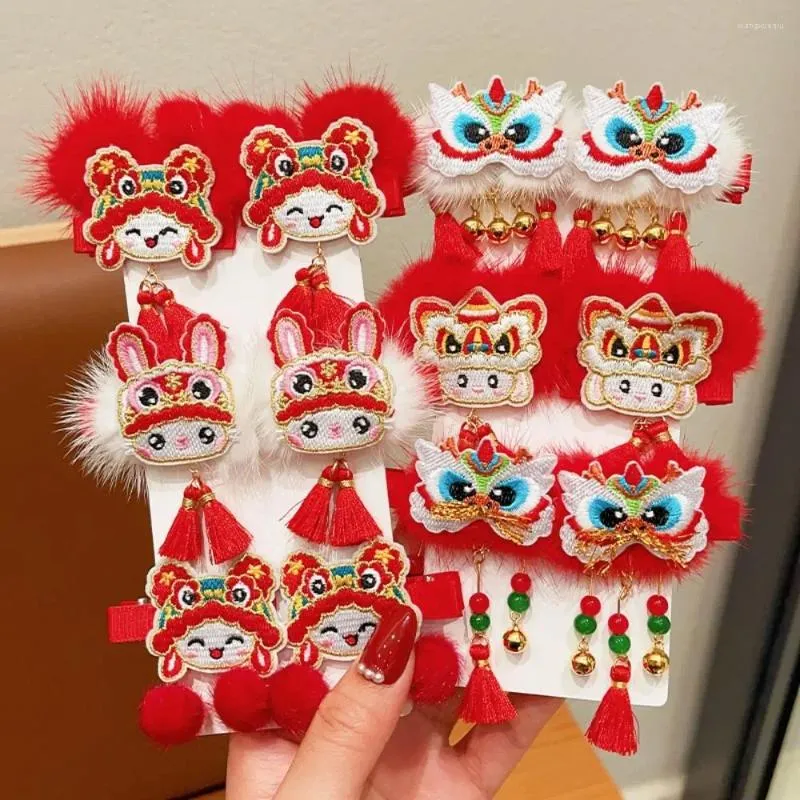 Accessoires pour cheveux brodés pour enfants, épingle à cheveux rouge, pompon Dragon, Clip de danse Lion, Style ancien pour fille