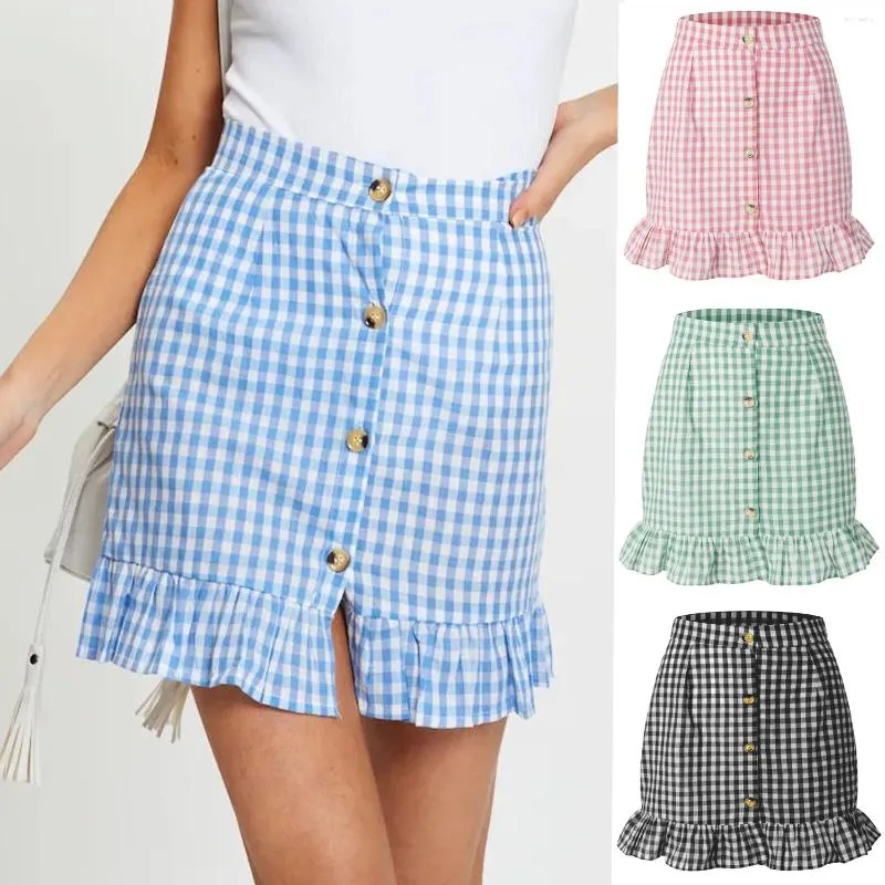 Spódnice Kobiety Summer Summer Sweet Blue Plaid Fashion Strój Sexy Ruffles Elastyczne wakacje z wysokiej talii