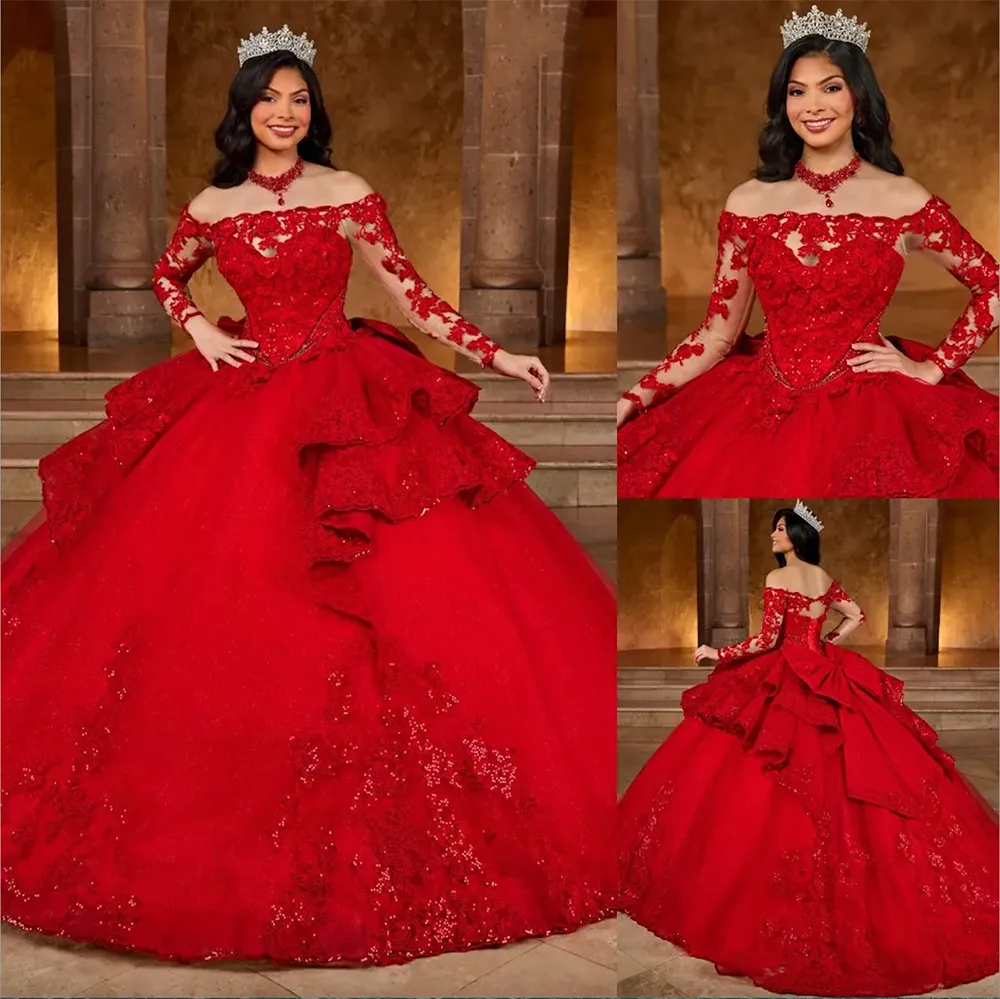Röd bollklänning spets quinceanera klänningar applicerade promklänningar med långa ärmar paljetter från axelhalsen tyll söt 15 maskerad klänning