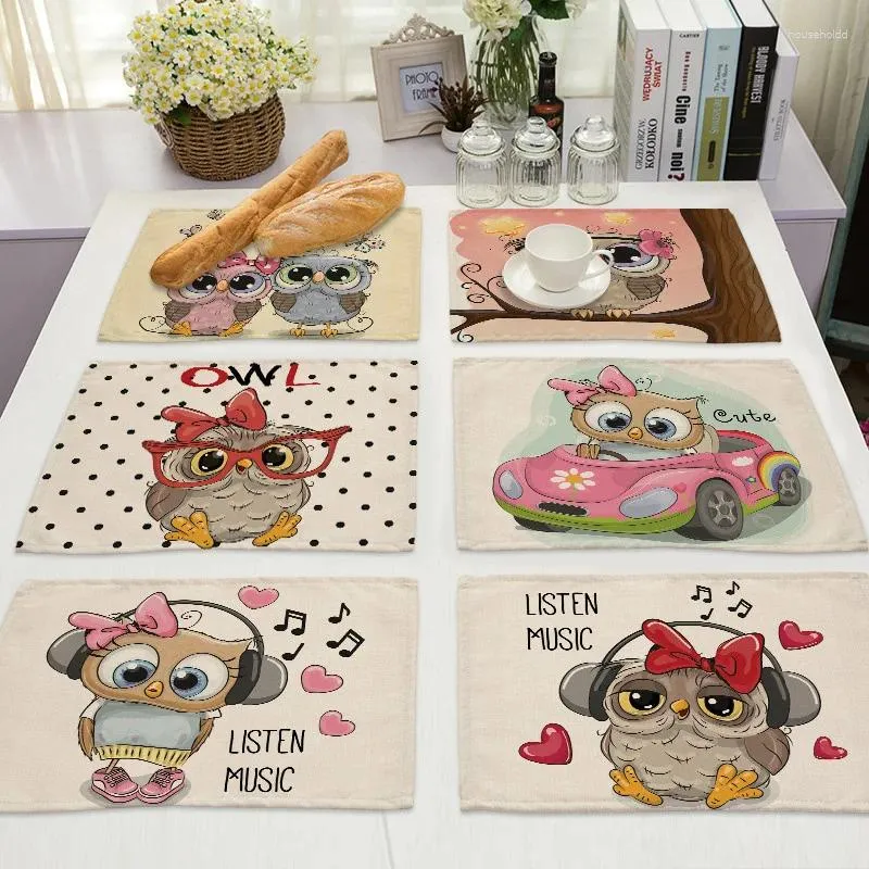 Tapis de Table 32x42cm, napperon Animal hibou mignon, musique oiseau, linge de cuisine, dessous de verre, bol, tasse, plats, tapis à café, décoration de la maison