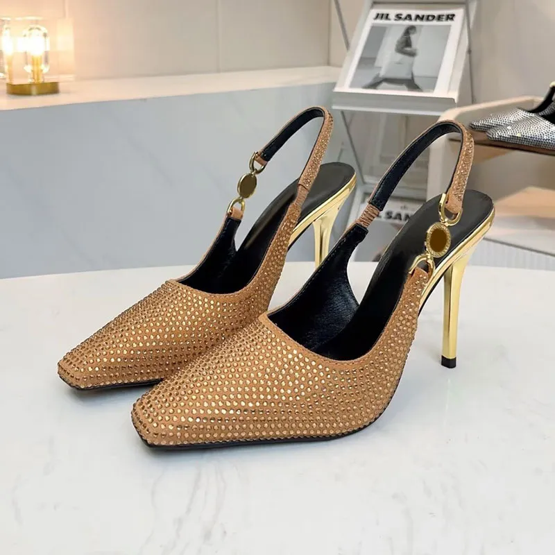 10.5 cm kvinnor slingbacks pumpar höga klackar bröllop brud skor klänning designer sandaler lyx fullt kristall patent läder toppkvalitet sexig spetsiga tår stiletthäl