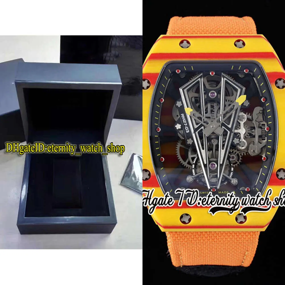 High-end luksusowe towary RMF YSF27-03 Męskie Watch Real Tourbillon Ręka Koorting Czerwony żółty kwarc węglowy szkielet z włókna węglowego Orang Orang
