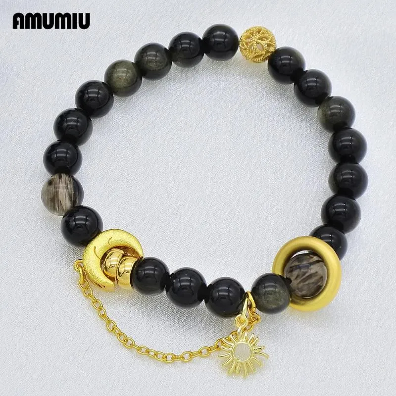 Strand AMUMIU Moon And Sun Bead Bolo Bracelet Gold Color Black Natural Rock Stone Womens Charm Gift Yoga Essential