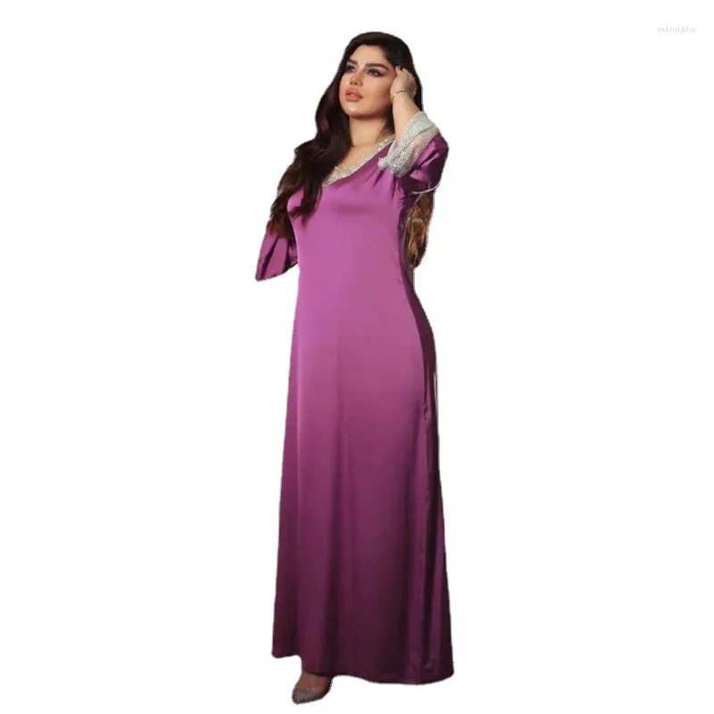 Etnische Kleding Mode Satijn Diamanten Mesh Doek Lange Mouw Avondjurk Voor Vrouwen Marokkaanse Saudi Caftan Vrouwelijke Islamitische Dubai Outfit