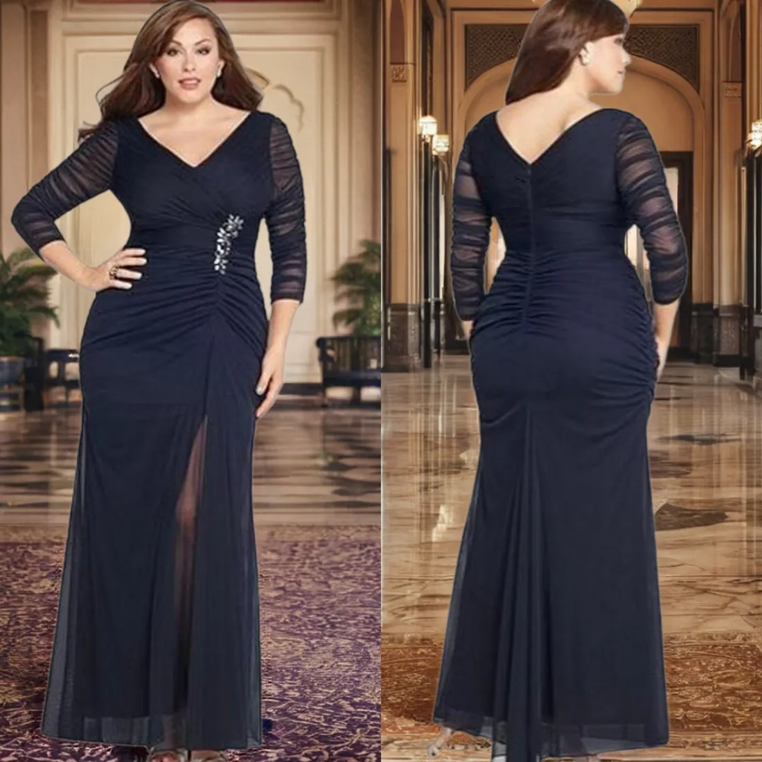 Abiti lunghi per la madre della sposa blu scuro scuro maniche a 3/4 scollo a V pieghettati in tulle abiti per la madre con spacco alto per abiti da cerimonia per ospiti di nozze in pizzo arabo nero con perline AMM043