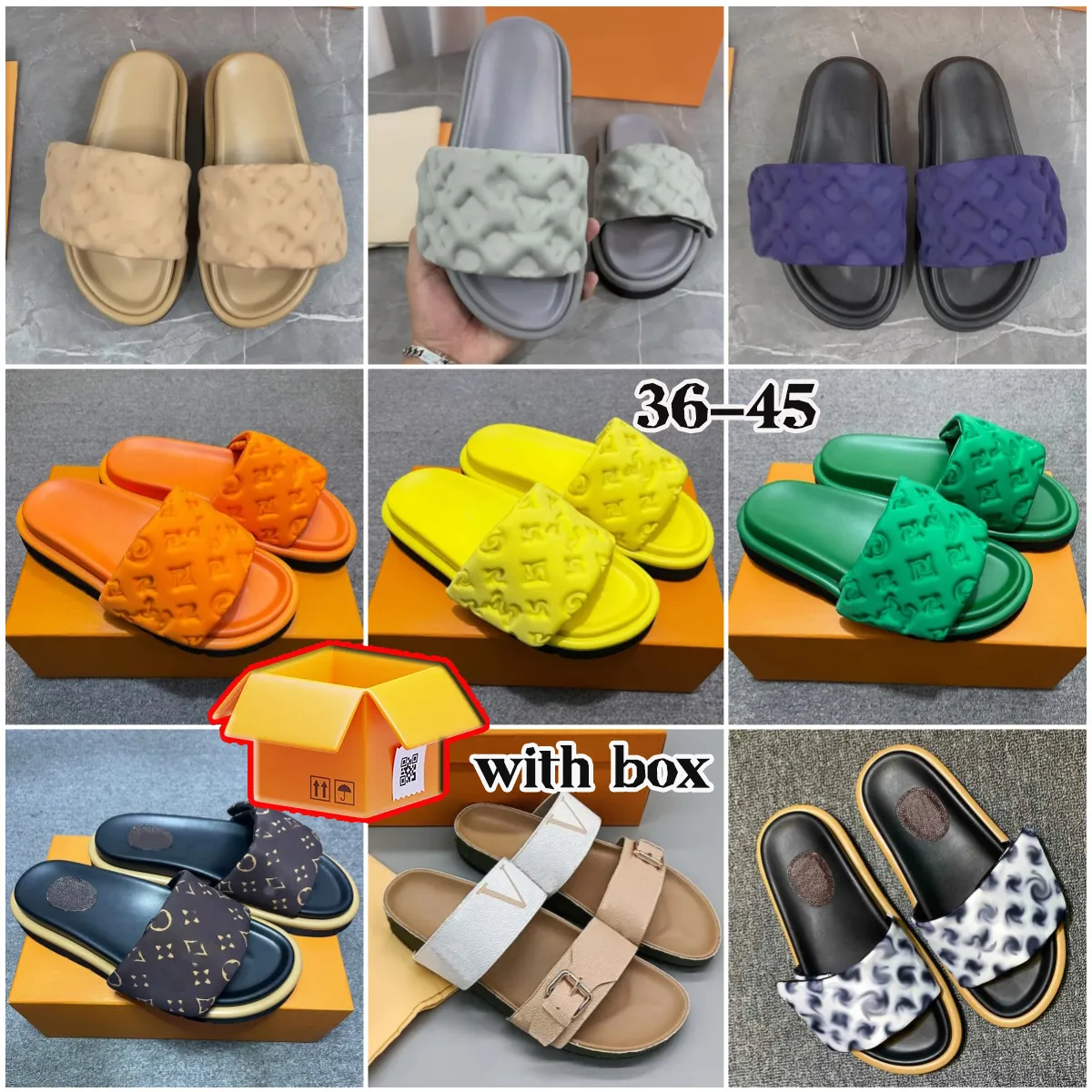 With Box Designer Pool Pillow Slides sandals couples slippers luise men women louisely sandals summer flat shoes viutonly vittonly beach slippes Slide shoes luxury