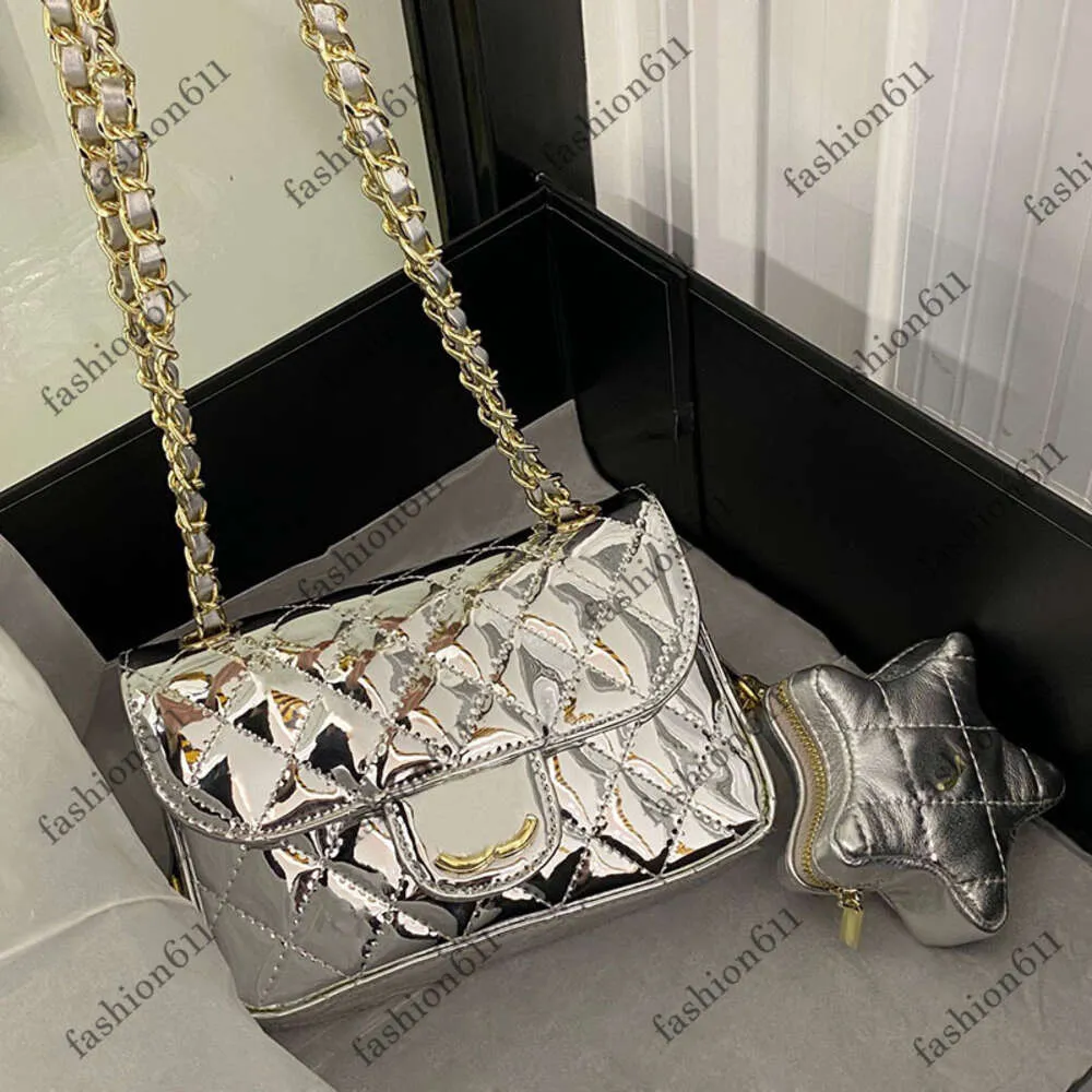 2in1 Shiny Women Designer Classic Flap Bag with Star Coin Purse Patent Leather Golden Metal Hardware 19cm Gold/Silver Evening Bags Luxury Cross Body Shoulder Handbag