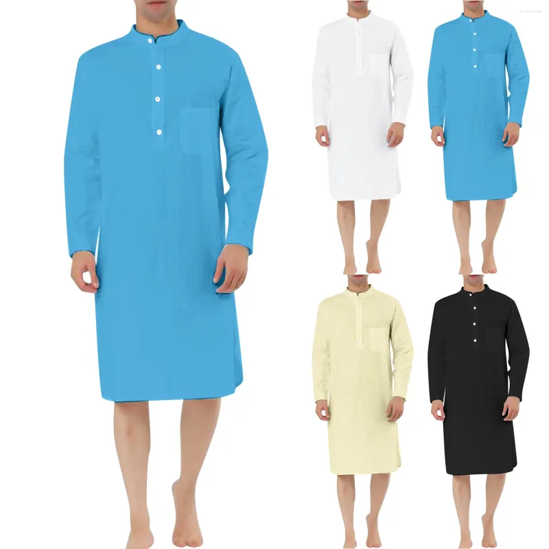 Etniska kläder 2024 Mäns sömnrockar Solid Color Cotton Lång ärm komfort O Neck Fritid Nattklänning Mens Bathrobes Homewear Plus Size Size