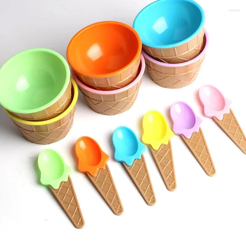 Skålar barn färgad glass skål med sked plast syrlig stil dessert liten köksverktyg 1pc