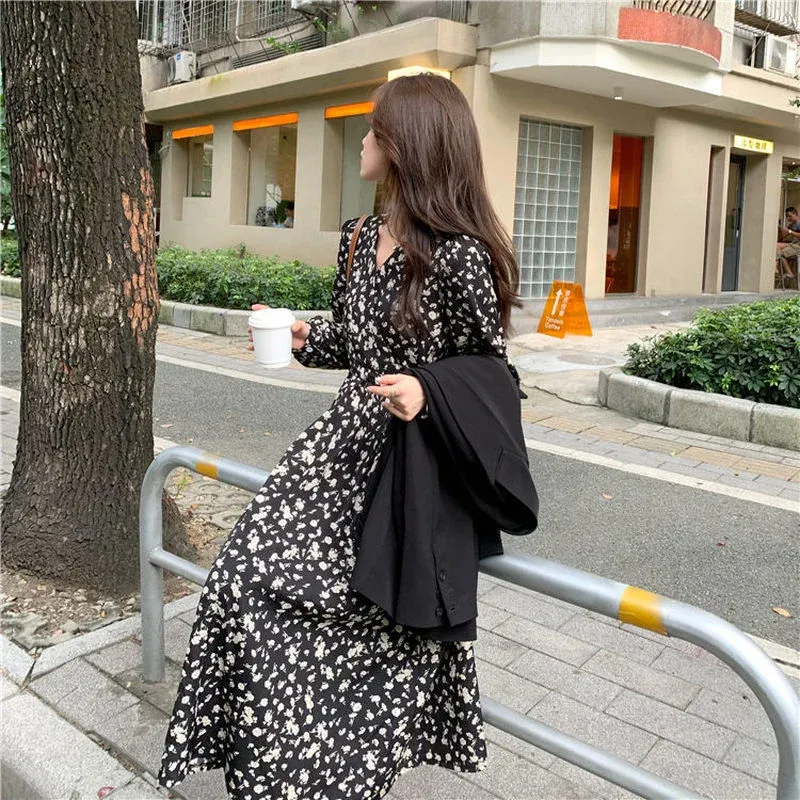 ドレス韓国スタイルのレトロ長い女性パーティースリムプリントシックドレスハイプリントボーホーカジュアルシフォンドレスビンテージフラワードレス