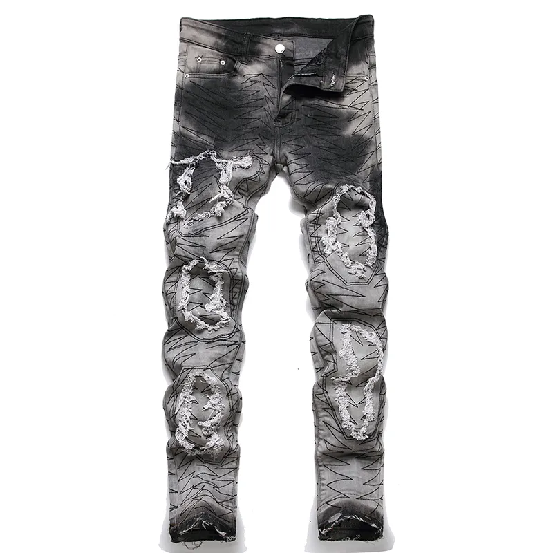 Grijze gescheurde patches skinny jeans voor heren lente slim-fit stretch mid-taille broek herfst mode borduurwerk streetwear