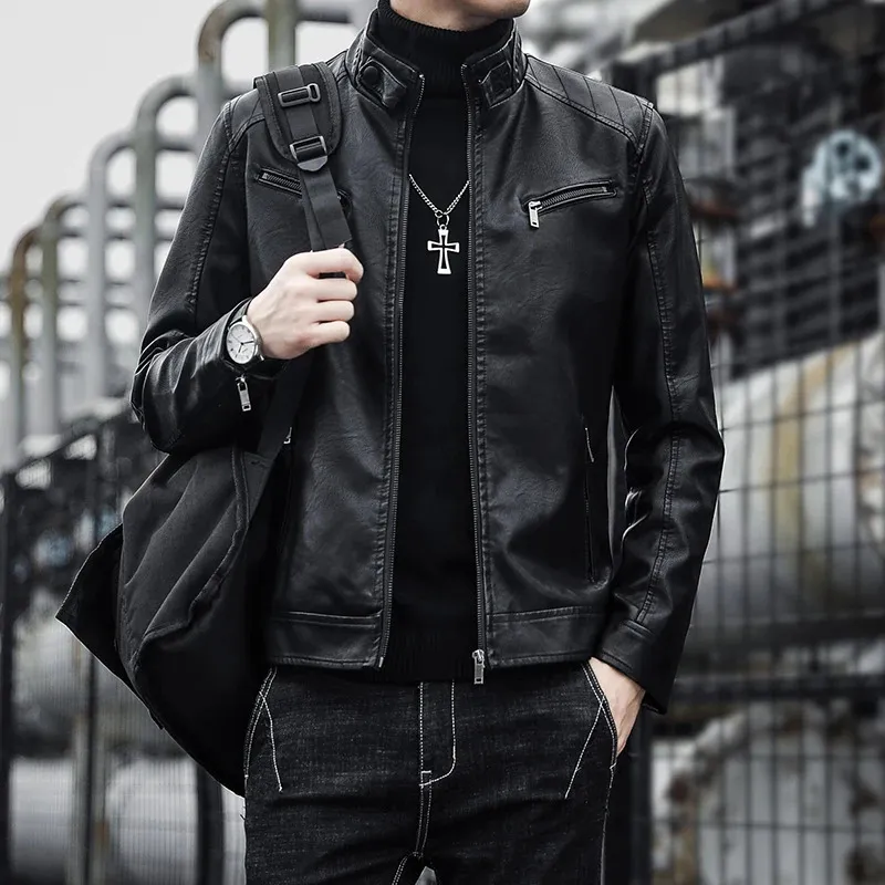 Autumn Men Casual Fashion Stand Collar Slim PU Leather Jacket Solid Color Leather Jacket Men Anti-wind Motorcycle S-4XL 240126